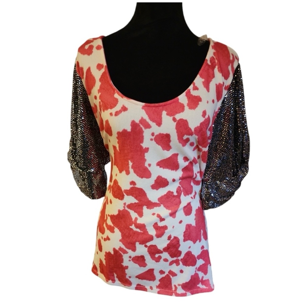 Stylish Pink and White Women's Top with Sequin Sleeves